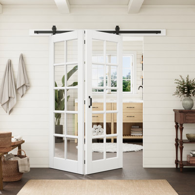 Porte standard préfinie en verre clair à 10 carreaux de 60 po x 80 po avec porte pliante de style grange et ensemble de quincaillerie pour garde-manger
