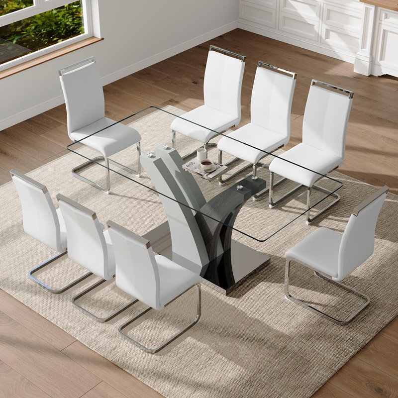 71" Dining Table Set For 8, Glass Dining Room Table Set With Tempered Glass Tabletop And PU Leather Chairs, White