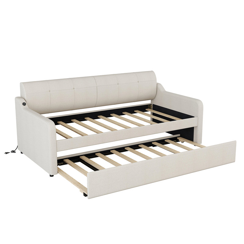 Upholstery Daybed With Trundle And USB Charging Design, Beige