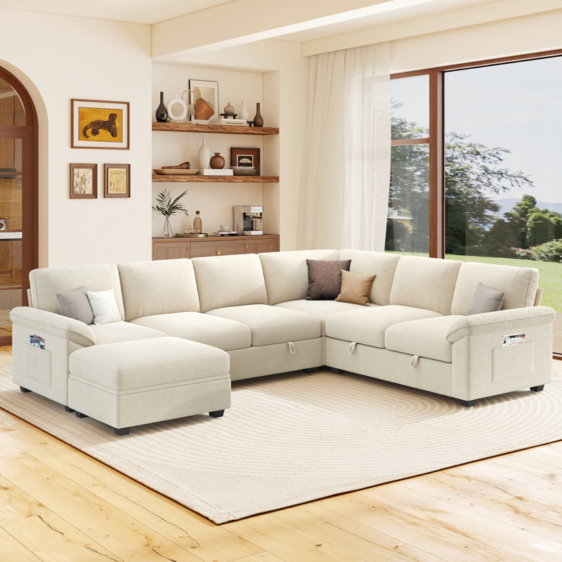 Canapé-lit d'angle Belrose 105 po en forme de U, recouvert de lin, avec lit gigogne et rangement double, beige, Lin beige