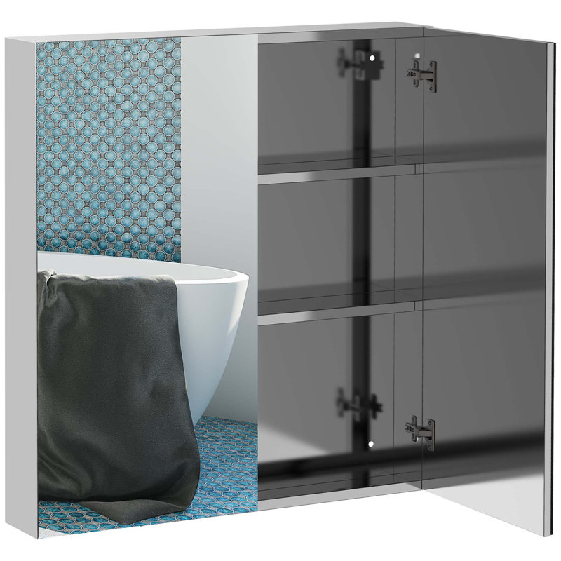 Armoire de salle de bain à miroir, armoire à pharmacie 24 po x 26 po en acier inoxydable, rangement mural avec portes doubles