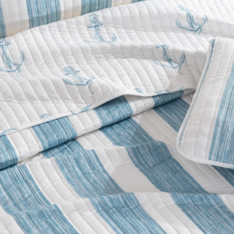 Casco Bay Blue Striped Reversible Full Microfiber Quilt Set