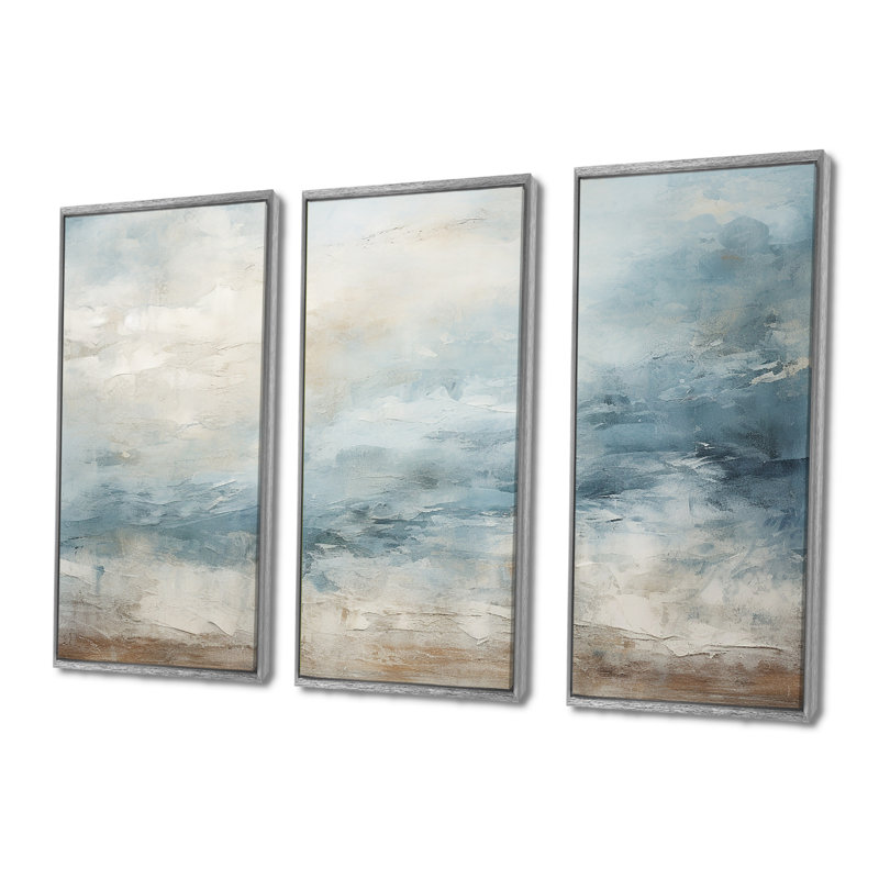 Beige Blue Ocean Storm I - Abstract Shapes Canvas Art Set, Silver Floater Framed, 28" H x 36" W 