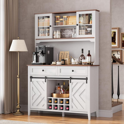 72" Sliding Barn Door High Bar Cabinet Farmhouse, Large Kitchen Buffet with Hutch Wine Storage, Charging Station, 2 Drawers, 8 Storage Shelves, LED Ru by 17 Stories