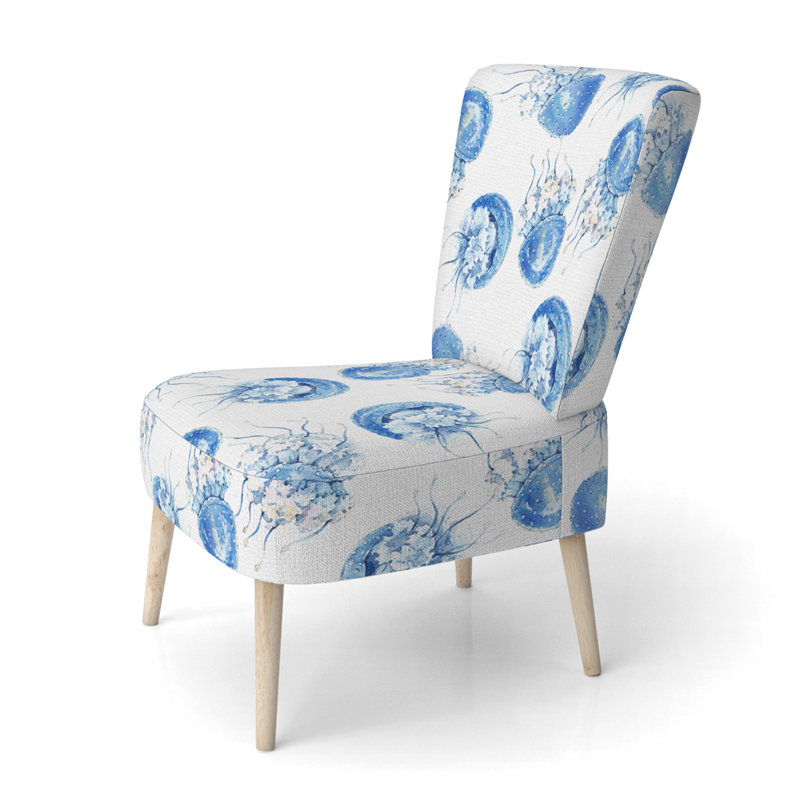 Accent Chair, Beige Floral Pattern Upholstered Decor - Beige Floral Pattern II, Blue /White