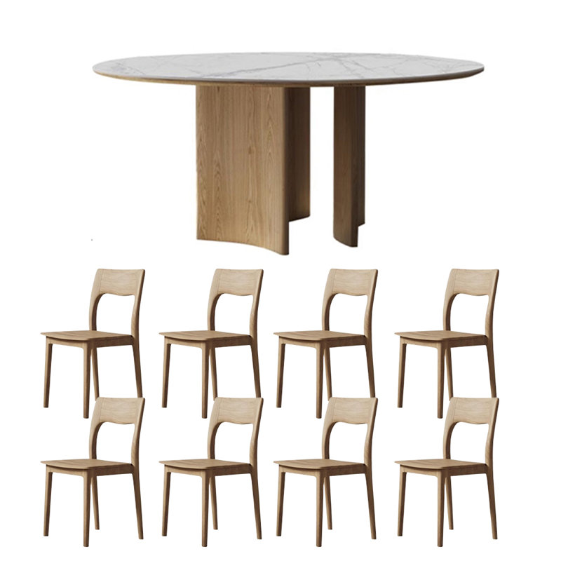 Modern simple home round dinning table sets, 29.5”H x 51.2”L x 51.2”W, 9 pieces: 1 Table, 8 Chairs