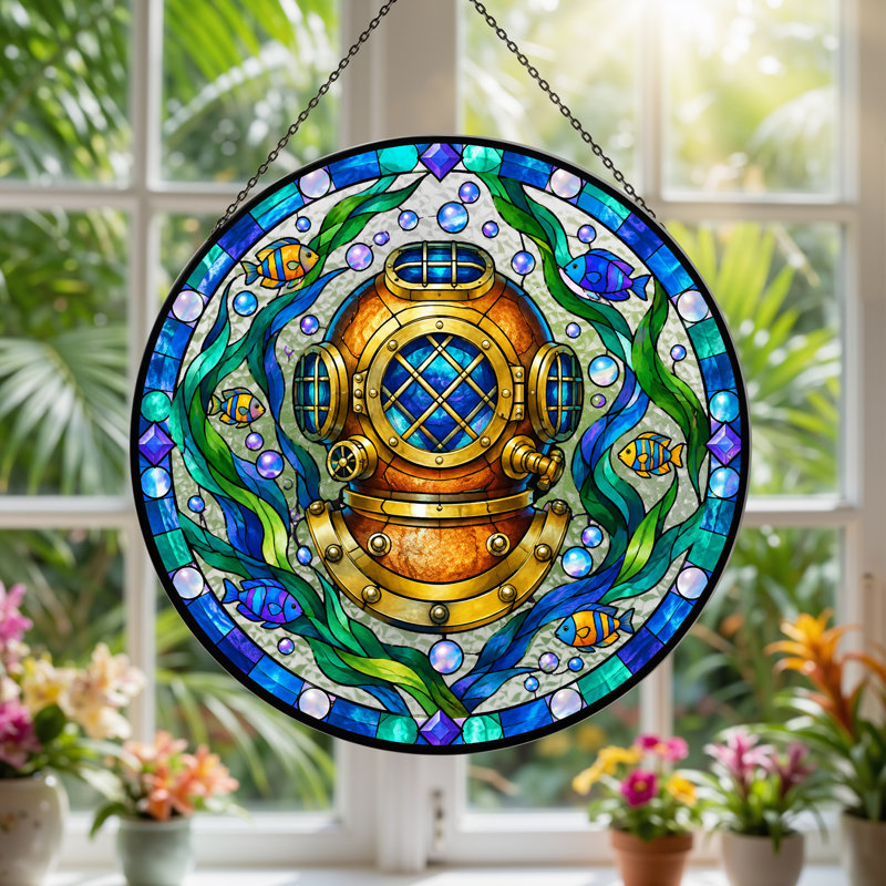 Casque de plongée rétro entouré de poissons tropicaux et art mural sur toile, H 12 po
