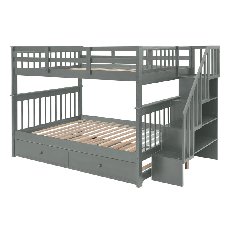 Lit superposé double avec lit gigogne, rangement et barrière de sécurité pour chambre à coucher, dortoir Stairway, Gris