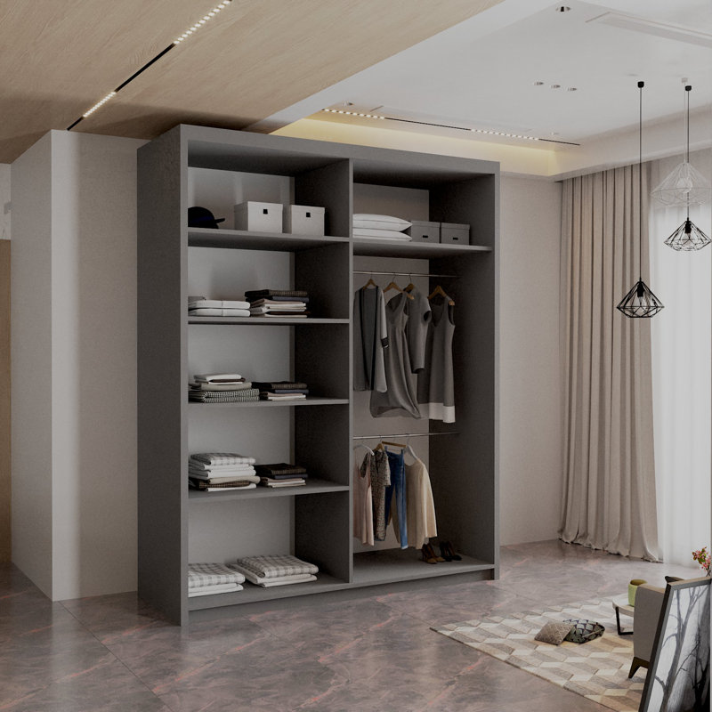 Sliding Wardrobe with Mirror Modern Bedroom 4 Colours 3 Sizes, 217cm H X 150cm W X 62cm D, Grey