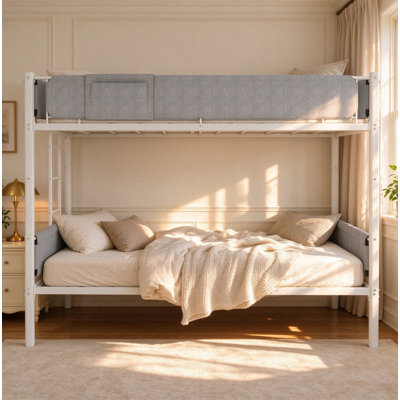 Structure de lit superposé simple en fer simple, convertible en 2 lits simples séparés, équipée de poches de rangement en lin amovibles, installation flexible, lit superposé robuste à faible encombrement, structure en métal noir avec lin gris
