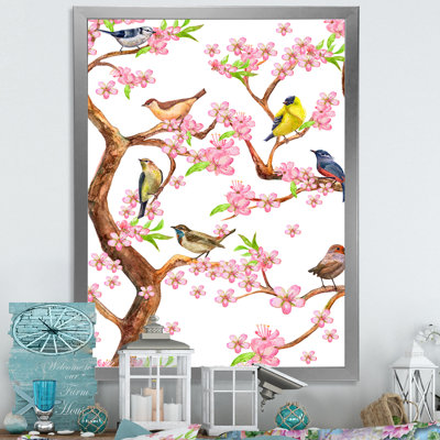 «Colorful Little Birds on Spring Flow», impression sur toile encadrée