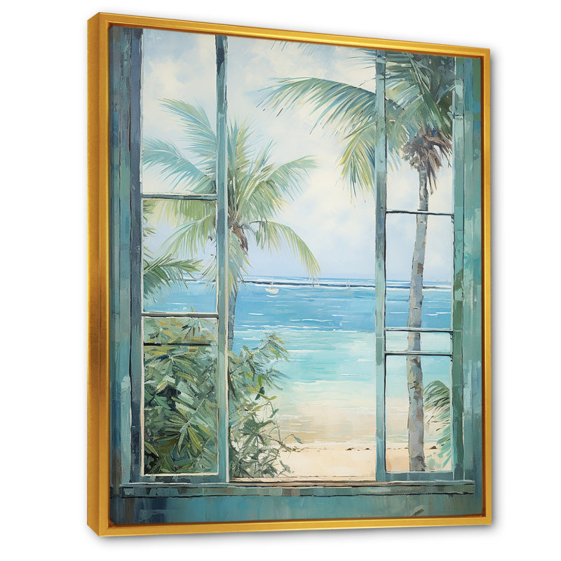 «Tropical beach Windows horizon I» - Impression sur toile côtières, H 40 po x l 30 po x P 1,5 po, Cadre flottant doré