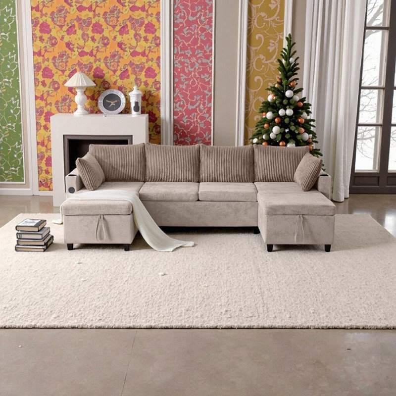 Canapé-lit modulaire 113,4 avec ports USB et porte-gobelets Oreillers amovibles Structure en contreplaqué Chenille Velours côtelé