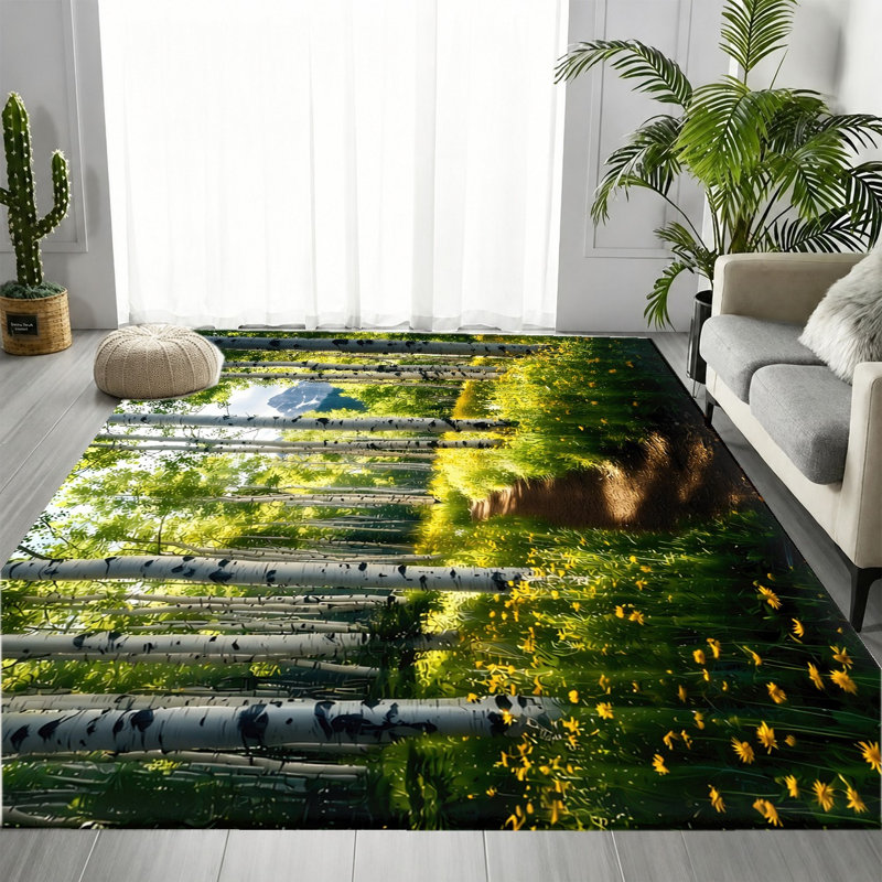 Tapis Birch Tree Yellow Flower Forest Pathway, Rectangle 5 pi 3 po x 3 pi 3 po (160 x 100 cm)
