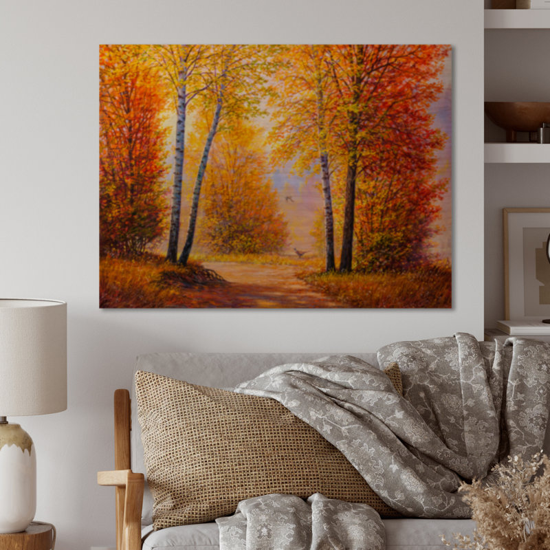 Morning Sunlight Through The Autumn Trees - reproduction de Lake House, H 24 po x l 36 po x P 1 po, Bois de pin