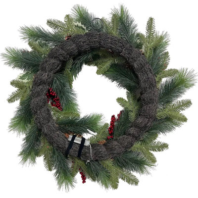 Couronne de Noël CGH Designs de 66 cm (26 po) préilluminés avec des poinsettias blancs, des pommes de pin et des baies, et une minuterie