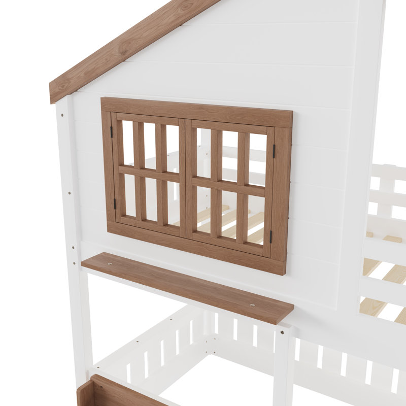 Full Size Loft Bed with Bookshelf & House-Style Design, High-Quality Safety Rails, Beige & Natural Kids Bunk Bed