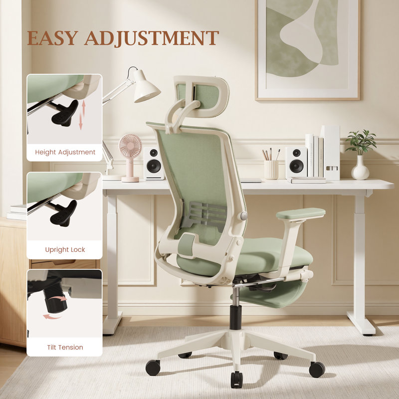 Foldable Office Chair, Ergonomic Mesh Task Chair with Recline Function, Home Office Chair with 2D Headrest , 4D Armrest and Footrest, Adjustable Height & Lumbar Support& W-shaped Seat Cushion