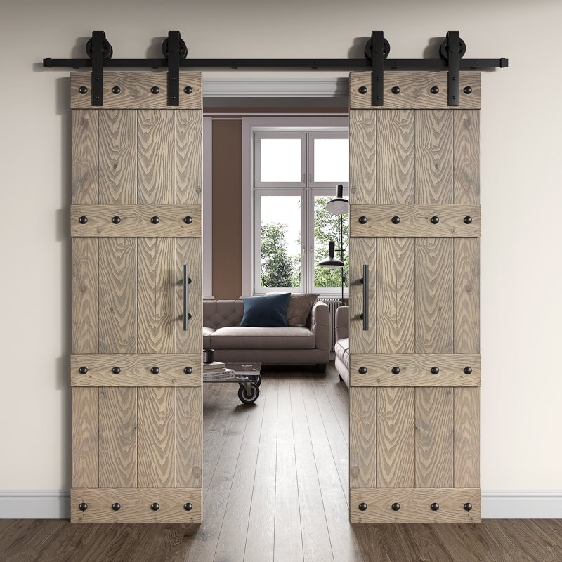Porte de grange coulissante double en bois avec trousse de quincaillerie Castle Series, 48 po x 84 po, Gris clair