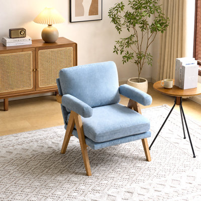 Mid-Century Modern Chenille Upholstered Accent Chair, Round Arm Leisure Lounge Chair with Solid Rubberwood Frame Walnut Finish, Comfy Reading Armchair for Living Room, Bedroom & Reading Nook