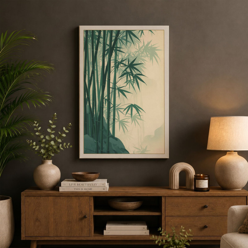Misty Bamboo Grove Japandi - Wrapped Canvas, 36x24 - 91.4 x 61.0 cm, Ochre Border