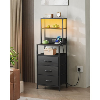 Tall Nightstand With Charging Station, LED Night Stand With 3 Fabric Drawers And Storage Open Shelves, Bedroom Nightstand Table, Bed Side Table For Li