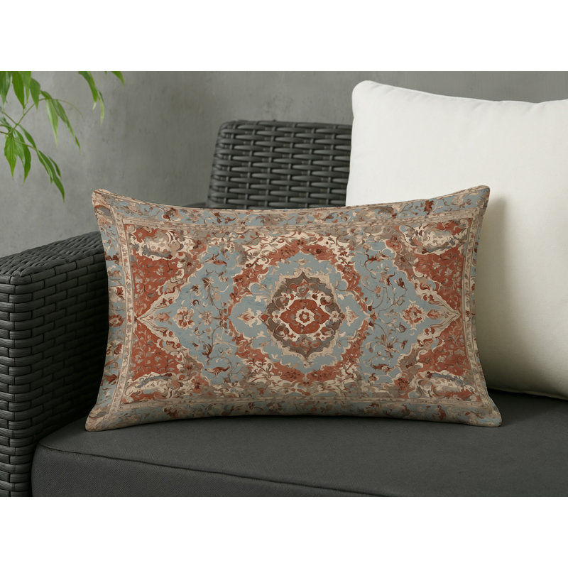 Coussin décoratif intérieur et extérieur Modern, Bleu clair / rouille / beige damassé, Rectangle H 20 po x l 14 po