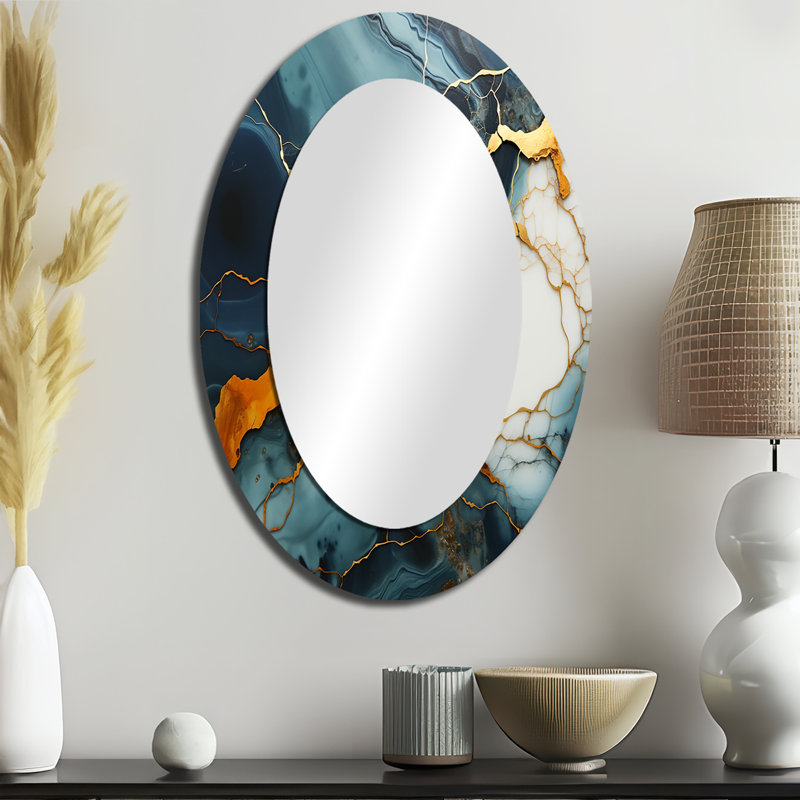 Or et vert serein abstrait marbre Dream I - miroir décoratif ovale abstrait sur métal, 36 po x 24 po