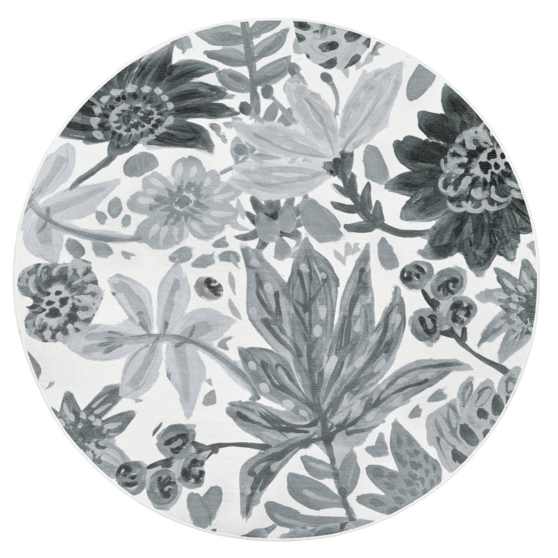 My Magic Carpet Floral Bloom Grey Washable Rug, Round 6'