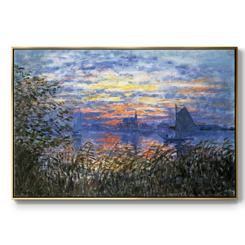 " Sunset On The Seine " by Claude Monet, 17" H x 25" W x 2" D, Gold Floater Framed Canvas
