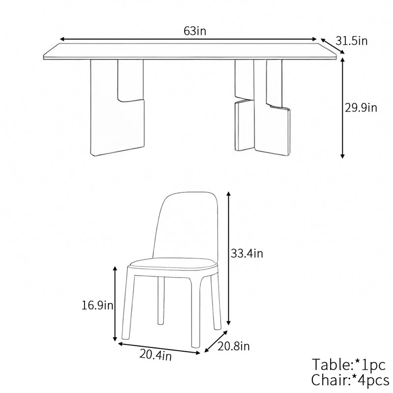 Simple and luxurious rectangular dining table set, 29.9"H x 63"L x 31.5"W