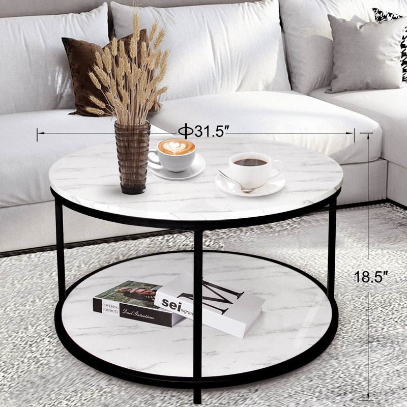 Coffee Table, White Artificial Marble, Black Metal Rack