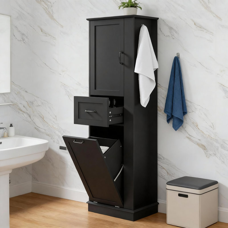 Tall Bathroom Storage Cabinet With Adjustable Shelves And Laundry Hamper, Black