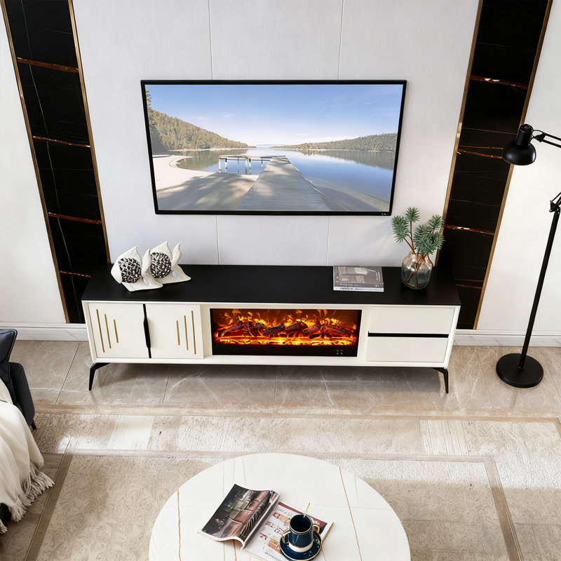 Meuble télé 78,74 po de luxe moderne avec contraste en noir et blanc avec comptoir en pierre frittée, multi-espaces de rangement et foyer à flamme