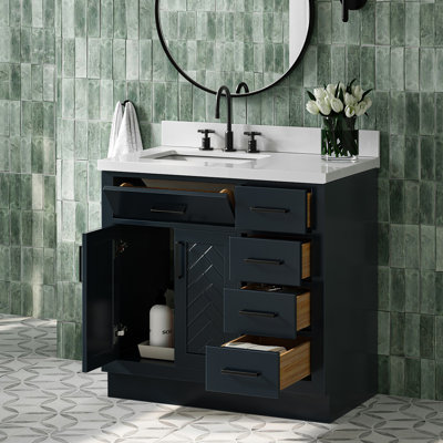 Ensemble de meuble-lavabo rectangulaire rectangulaire gauche 37 po avec comptoir en quartz blanc pur 1,5 po Chevron