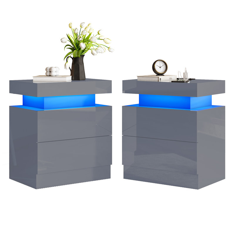 Table de chevet à haute brillance avec station de charge Bhhatu, Gris