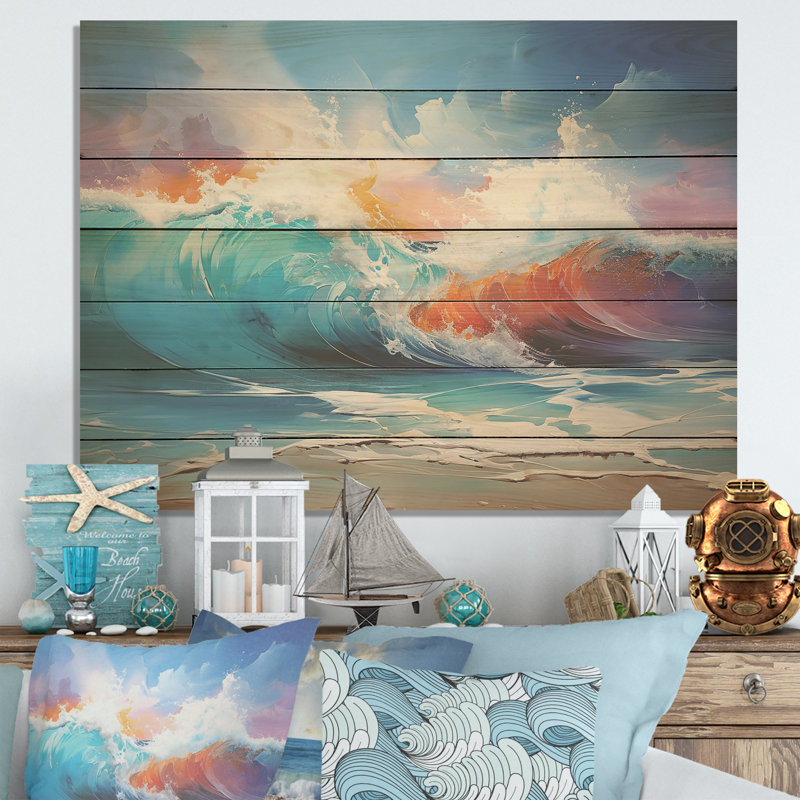 Shorline Waves Sunset III - vagues côtières sur bois, H 34 po x l 44 po x P 0,78 po