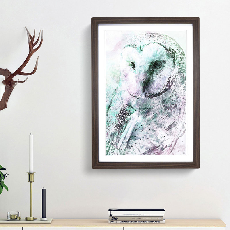 Barn Owl Abstract Art - Picture Frame Painting Print, 87cm H x 62cm W x 2cm D, Walnut Framed