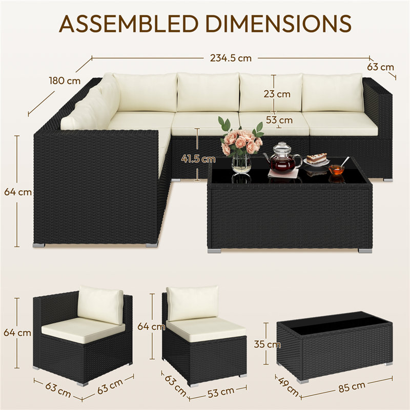 Outdoor Sectional Sofa Set with Thick Cushions, Black/Beige