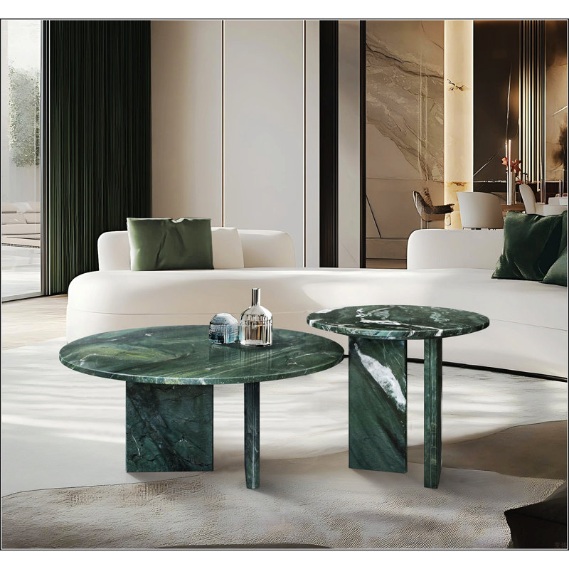 Ensemble de 2 tables gigognes semi-polies rondes en marbre, parfaites pour les salons, en pierre naturelle et élégante, Vert