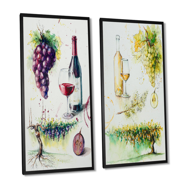 Raisins avec bouteille de vin - ensemble de 2 reproductions sur toile, H 20 po x l 24 po x P 1 po, Cadre photo noir