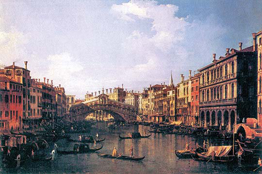 « the rialto bridge » par canaletto, reproduction d’art sur toile tendue, H 28 po x l 42 po x P 1,5 po