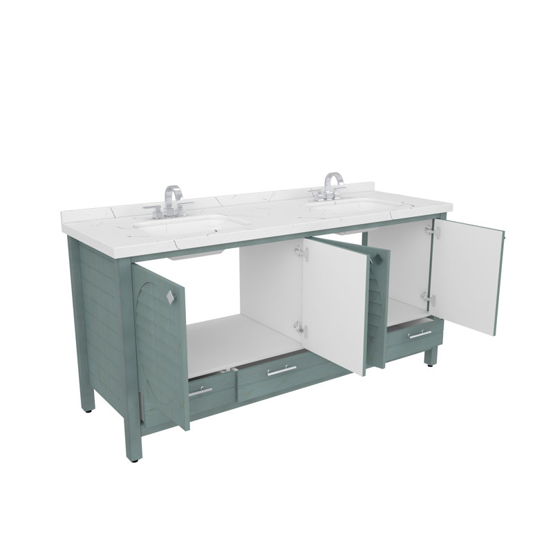 Meuble-lavabo double autoportant 71 po avec plateau en marbre d'ingénierie Efstathios, Bleu-vert