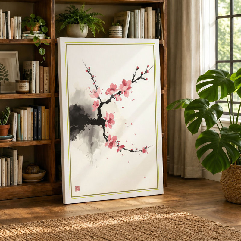 Spring Blossom Branch Japandi - Wrapped Canvas, 24x16 - 61.0 x 40.6 cm, Taupe Border