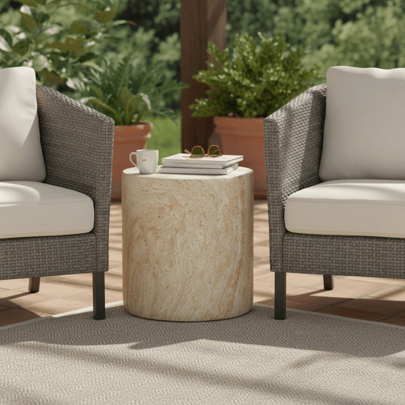 Vintara Modern Round Fiberstone Side Table With Brushed Finish – Indoor & Outdoor Accent Table With Smooth Edges, No Assembly For Living Room, Bedroom, Patio