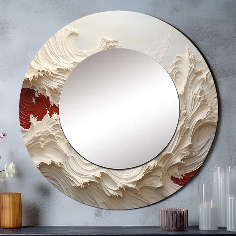 Vague blanche et rouge style Papercut - miroir mural rond vagues côtières_MTMIR109538, 29 po x 29 po