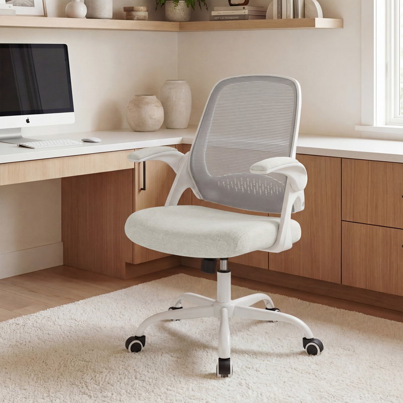 Chaise de bureau ergonomique en filet avec accoudoirs, conception peu encombrante et base en acier, Ivoire ivoire, Acier
