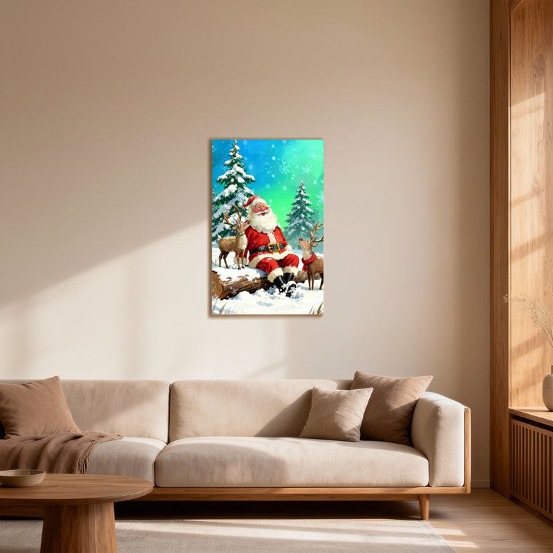 Noël père Noël avec renne dans la forêt enneigée, H 40 po x l 28 po