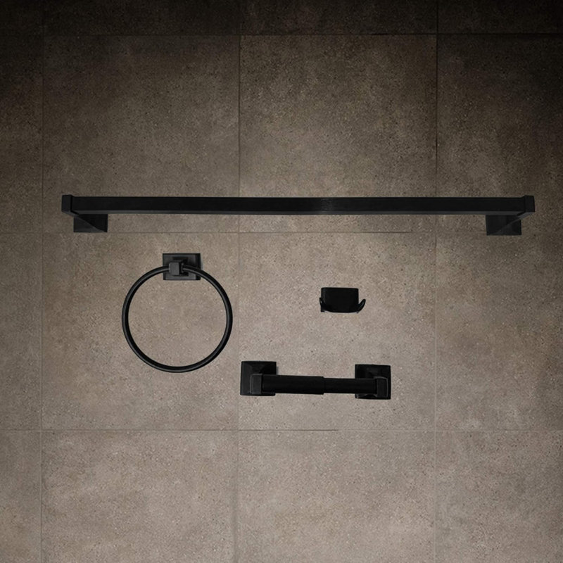 Bathroom Hardware Set - Heavy Duty Metal Wall Mounted Accessories Includes Towel Bar, Toilet Paper Holder, Towel Ring And Robe Hook - Matte Black Finish