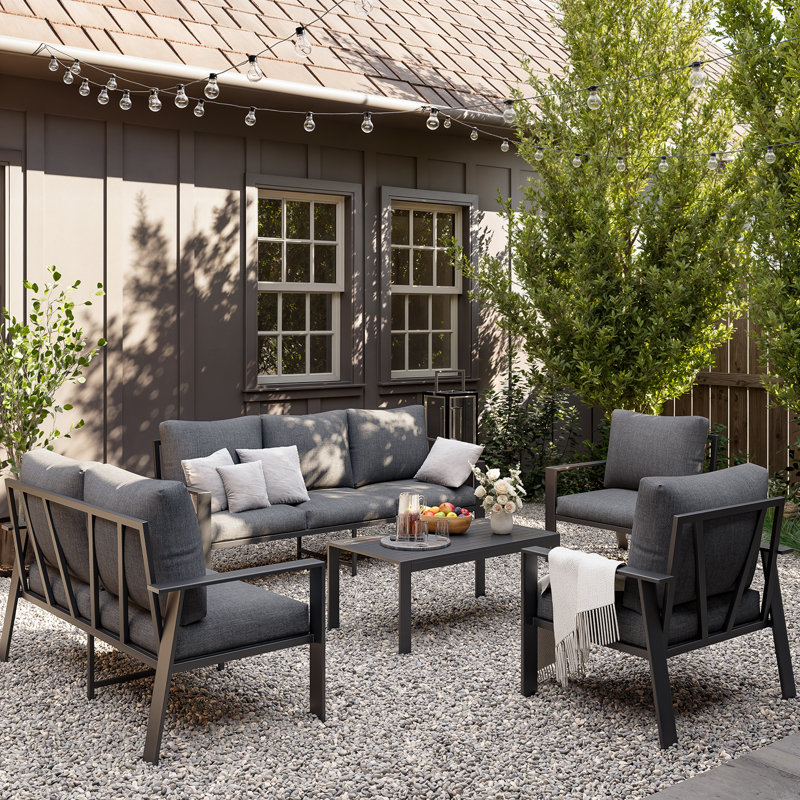 7-Person Sofa Seating Group With Coffee Table, Dark Gray Cushion/Gray Frame